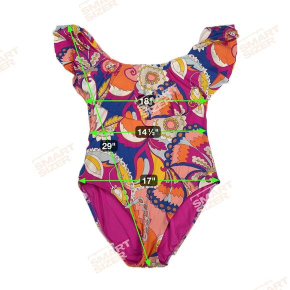 Trina Turk Sevilla Ruffle Off the Shoulder Once Piece Swim Suit Colorful Size 14 - Picture 4 of 12